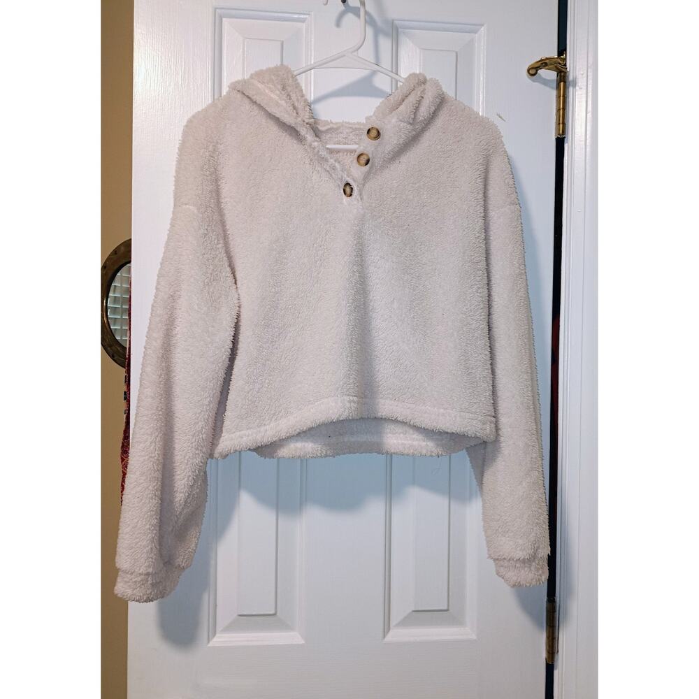 Women's Super Soft Fuzzy Off-White Cropped Hoodie - Sz S - EUC